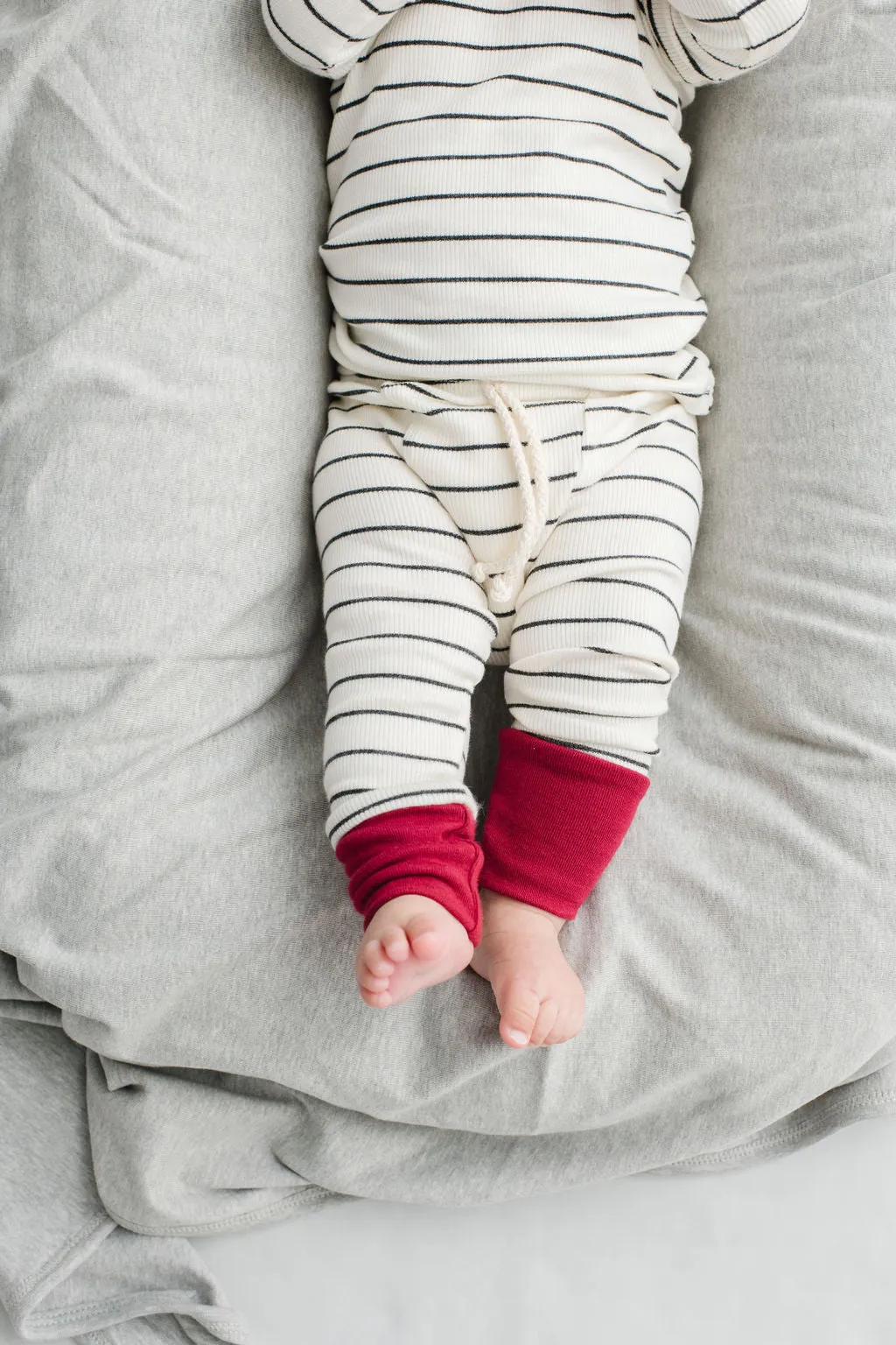 rib knit pant CO - wide charcoal stripe stocking red contrast