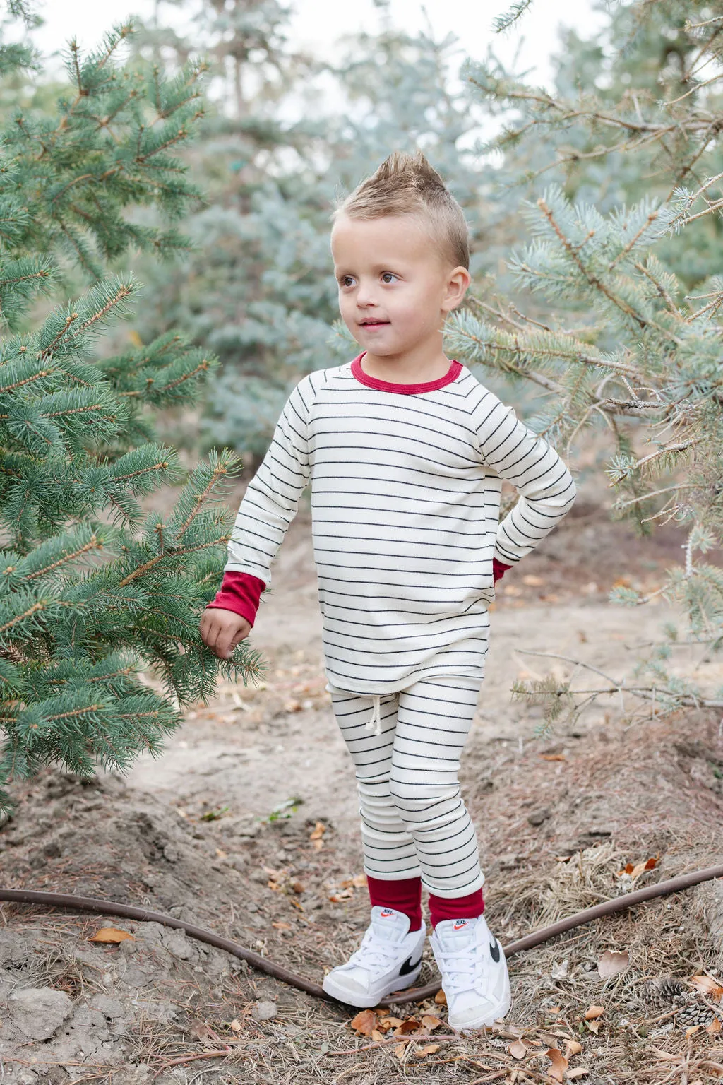 rib knit pant CO - wide charcoal stripe stocking red contrast