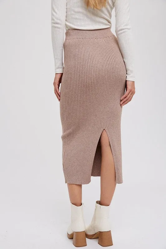 Ribbed Knit Midi Skirt Latte