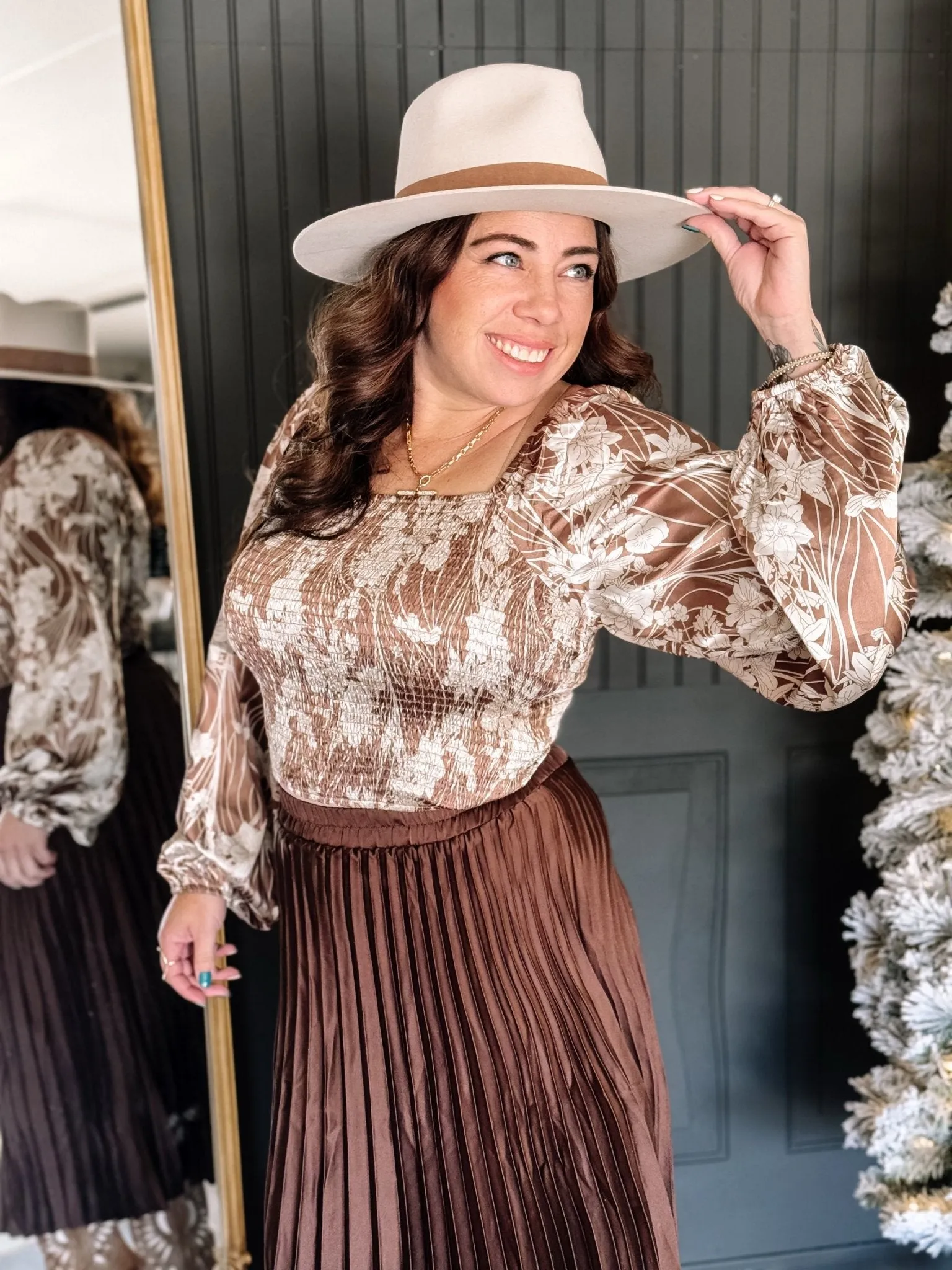 Rosette Floral Satin Holiday Blouse, Mocha