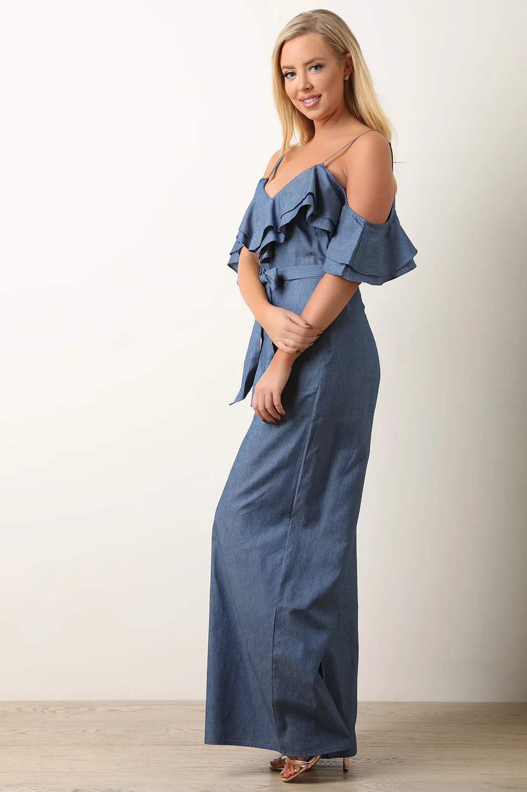 Ruffle Cold Shoulder Chambray Jumpsuit