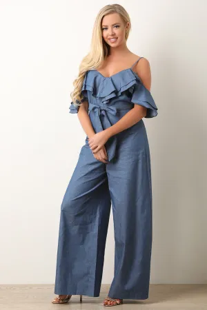 Ruffle Cold Shoulder Chambray Jumpsuit