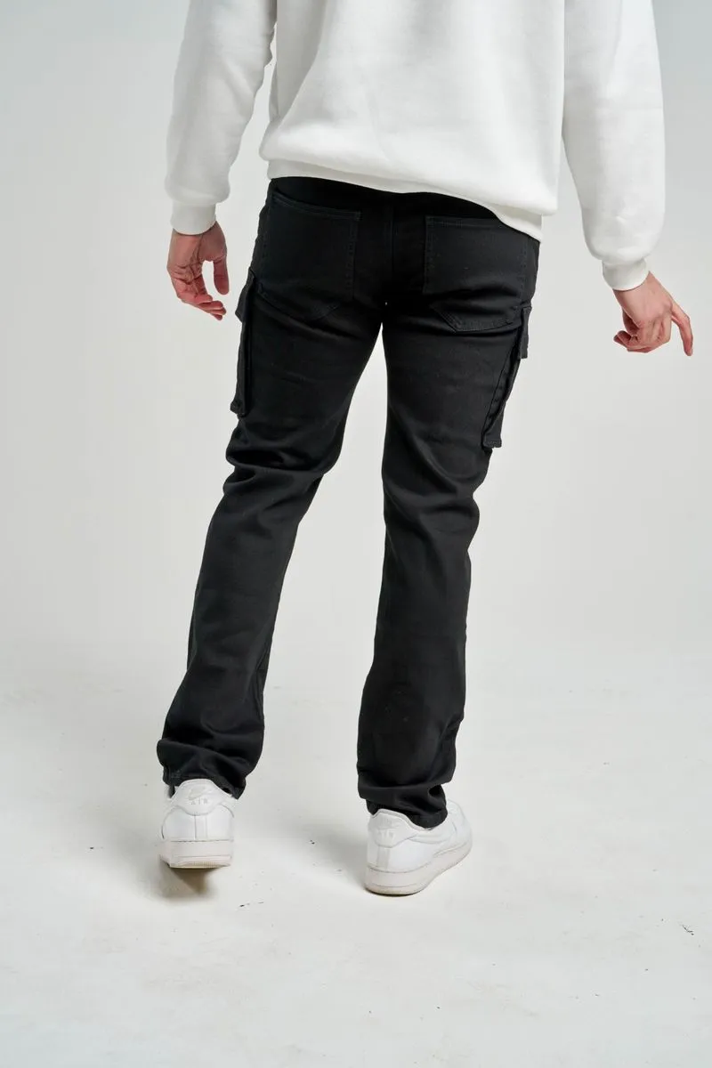 SK SLIM STRAIGHT FIT STRETCH TWILL CARGO PANTS BLACK