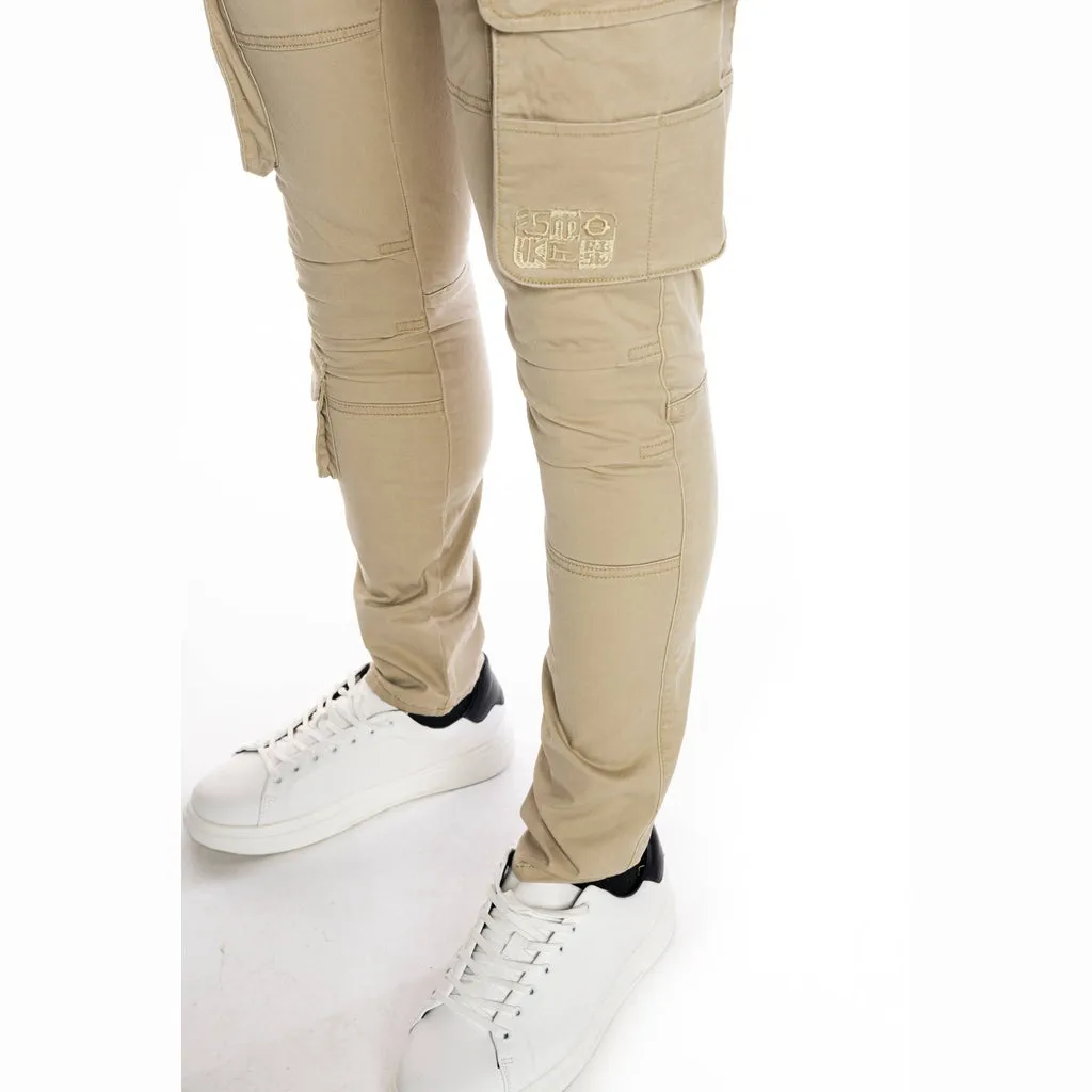 Slim Tapered Multipocket Cargo Twill Pants - Khaki