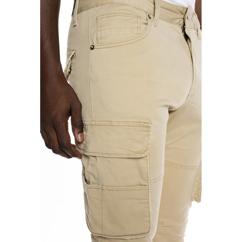 Slim Tapered Multipocket Cargo Twill Pants - Khaki