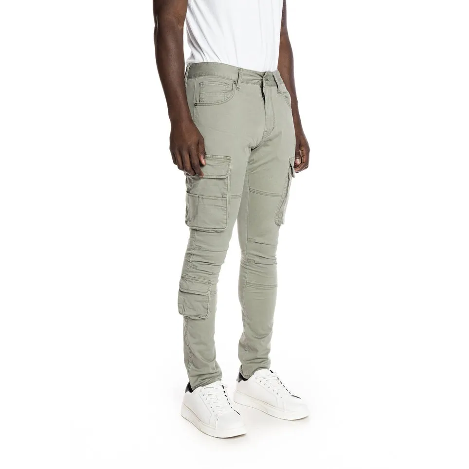 Slim Tapered Multipocket Cargo Twill Pants - Light Olive