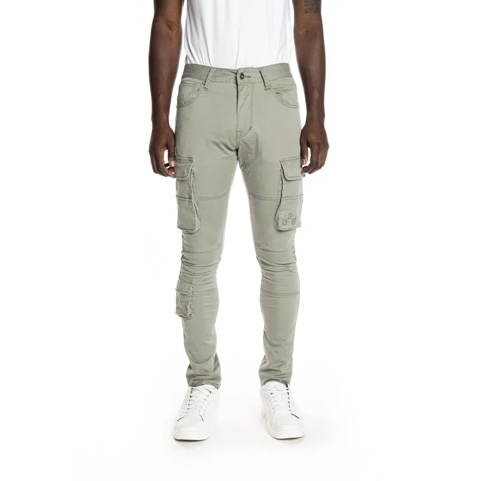 Slim Tapered Multipocket Cargo Twill Pants - Light Olive