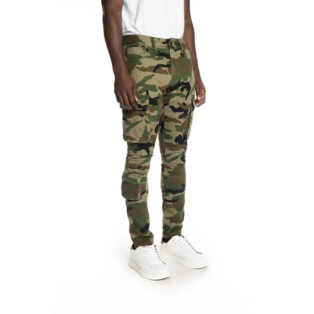 Slim Tapered Multipocket Cargo Twill Pants - Wood Camo