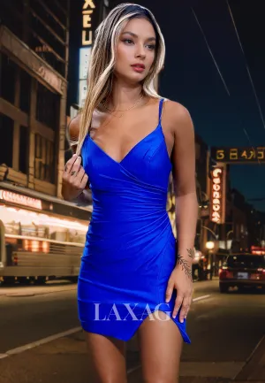 Spaghetti Straps V-Neck Sleek Satin Fitted Party Homecoming Dress with Slit