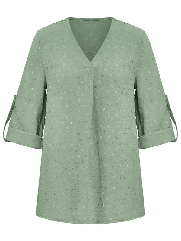 Spring and summer new women's fashion solid color loose V-neck three-quarter sleeve top