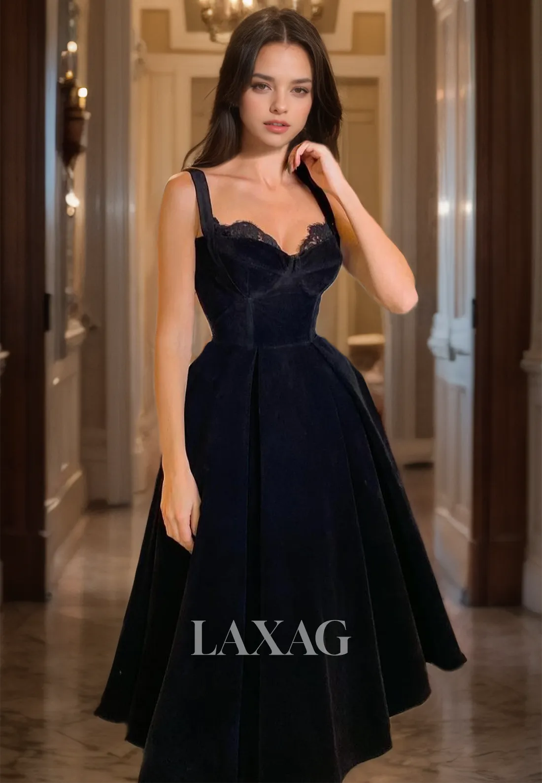 Sweetheart Black Velvet Prom Dress A-Line  Sleeveless Tea-Length Long Party Gown