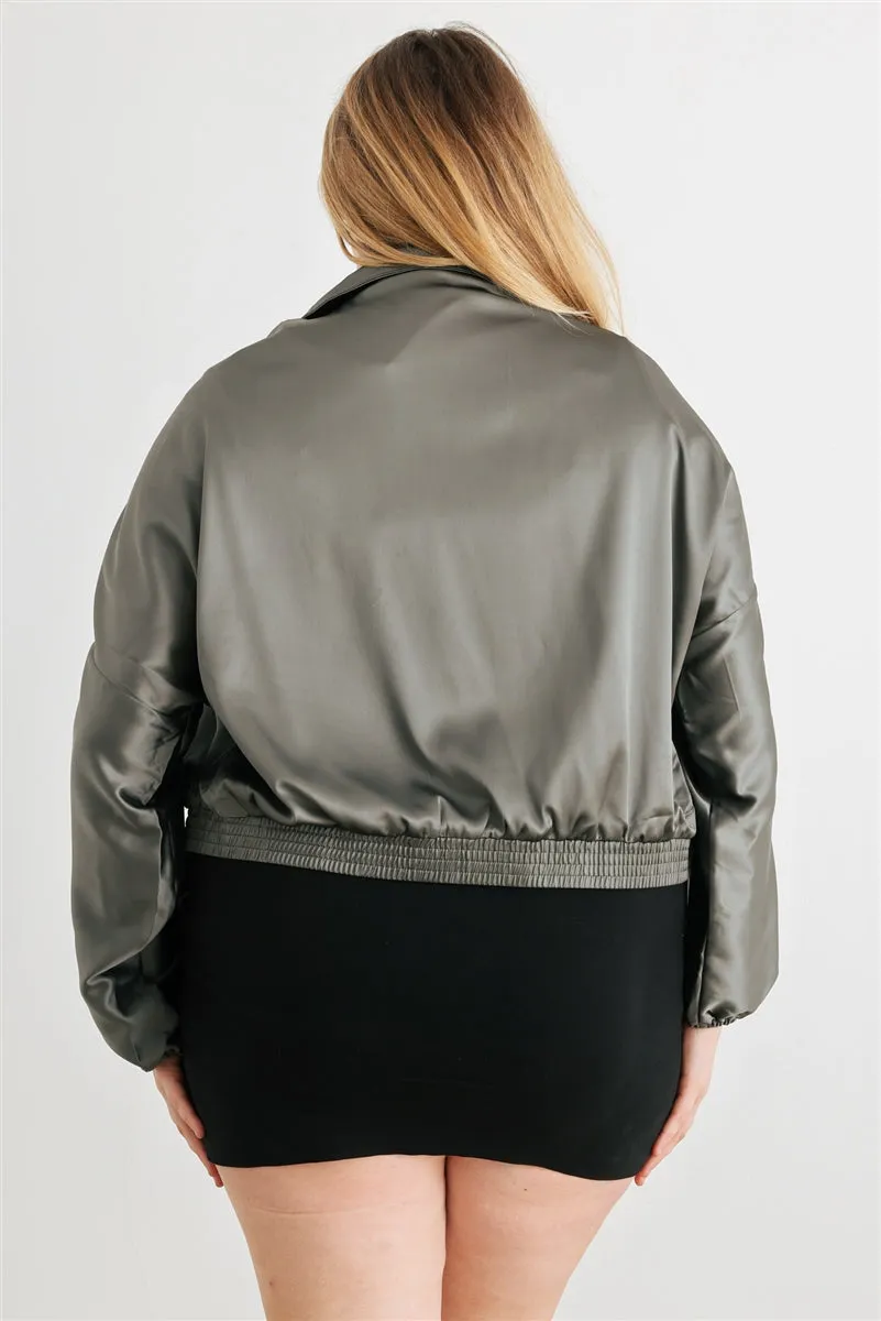 Voluptuous ( ) Plus Satin Zip-up Ruched Long Sleeve Cropped Bomber Jacket - 4 colors