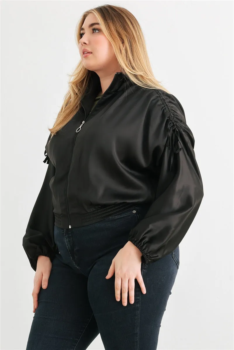 Voluptuous ( ) Plus Satin Zip-up Ruched Long Sleeve Cropped Bomber Jacket - 4 colors