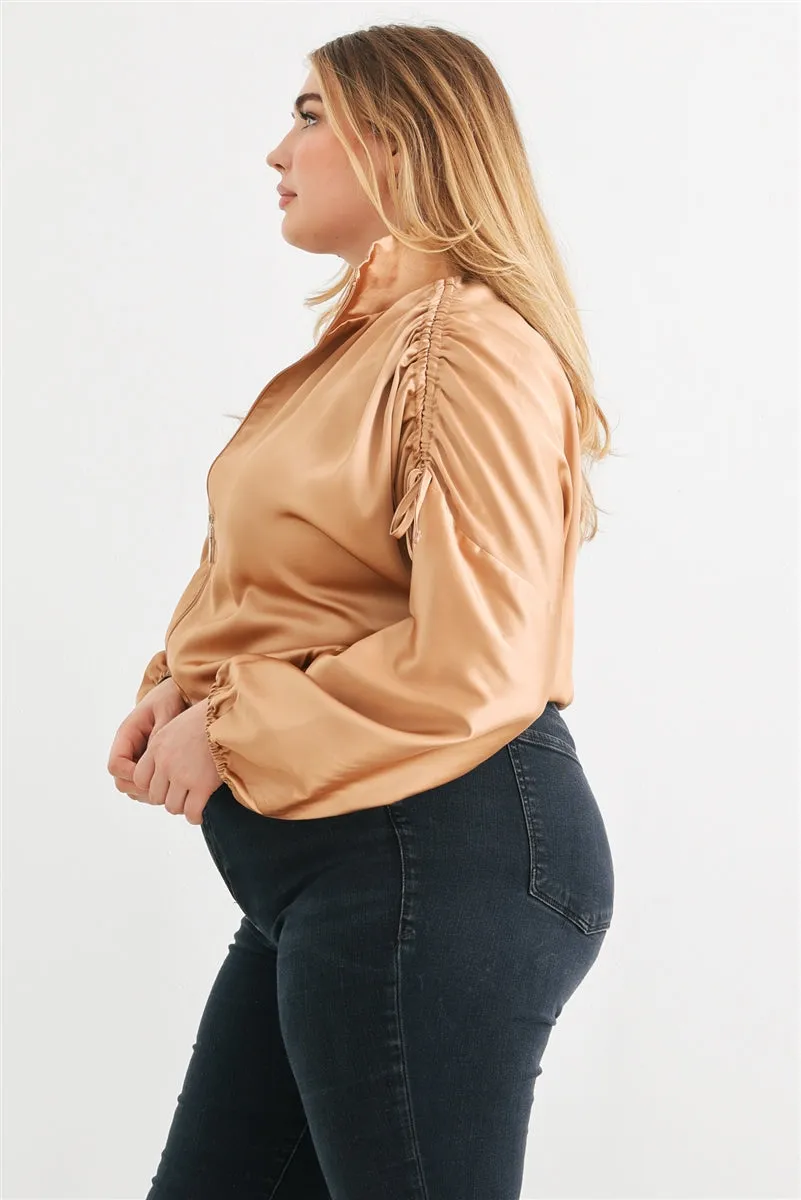 Voluptuous ( ) Plus Satin Zip-up Ruched Long Sleeve Cropped Bomber Jacket - 4 colors