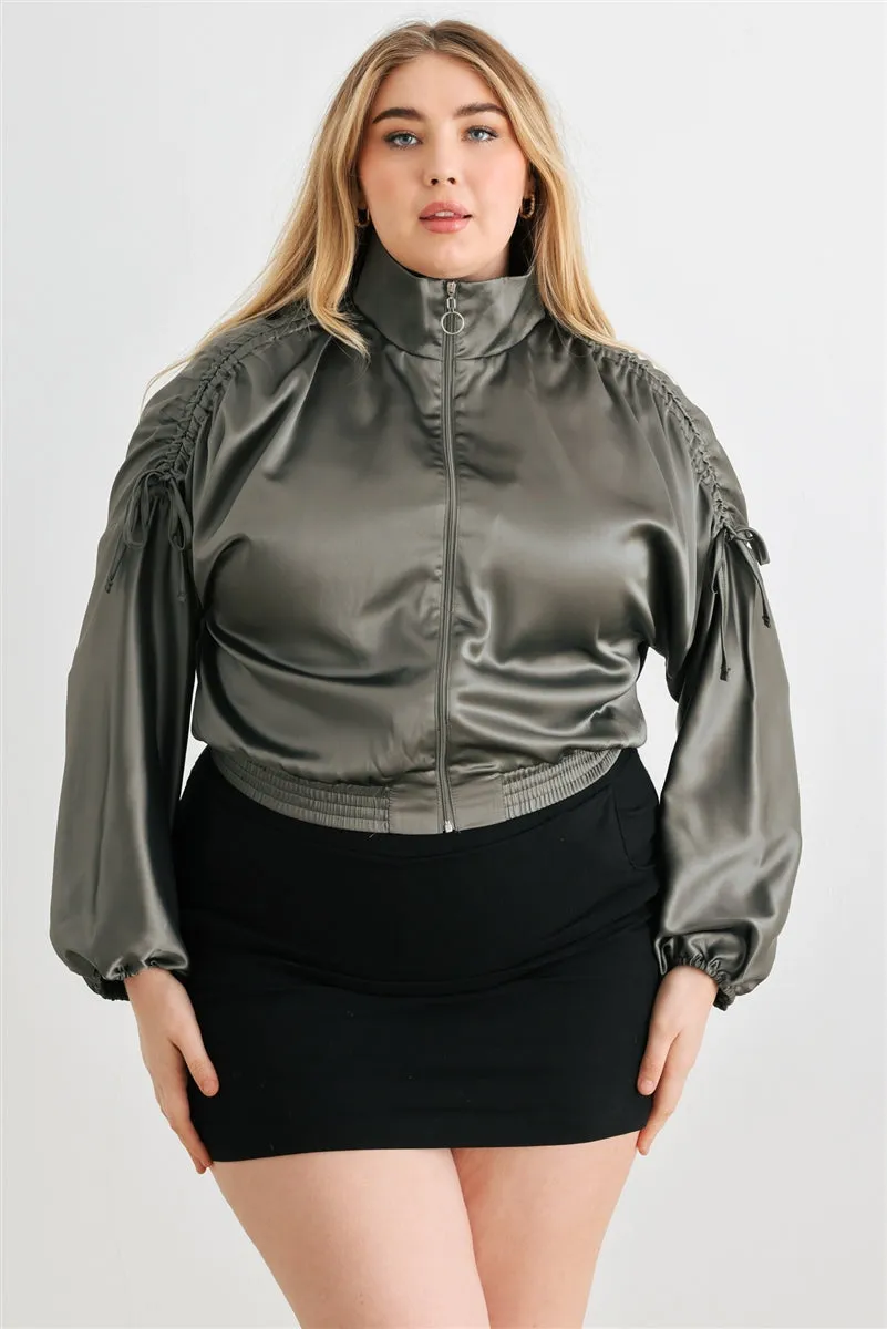 Voluptuous ( ) Plus Satin Zip-up Ruched Long Sleeve Cropped Bomber Jacket - 4 colors