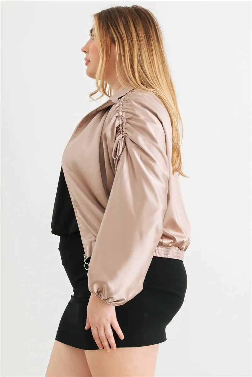 Voluptuous ( ) Plus Satin Zip-up Ruched Long Sleeve Cropped Bomber Jacket - 4 colors