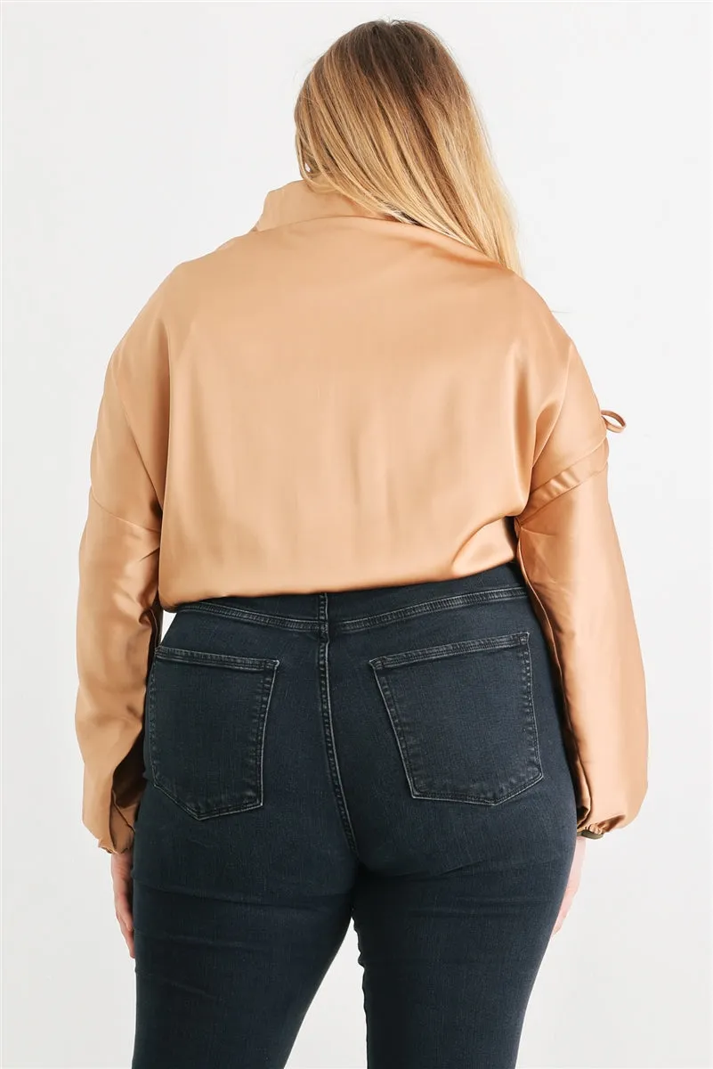 Voluptuous ( ) Plus Satin Zip-up Ruched Long Sleeve Cropped Bomber Jacket - 4 colors