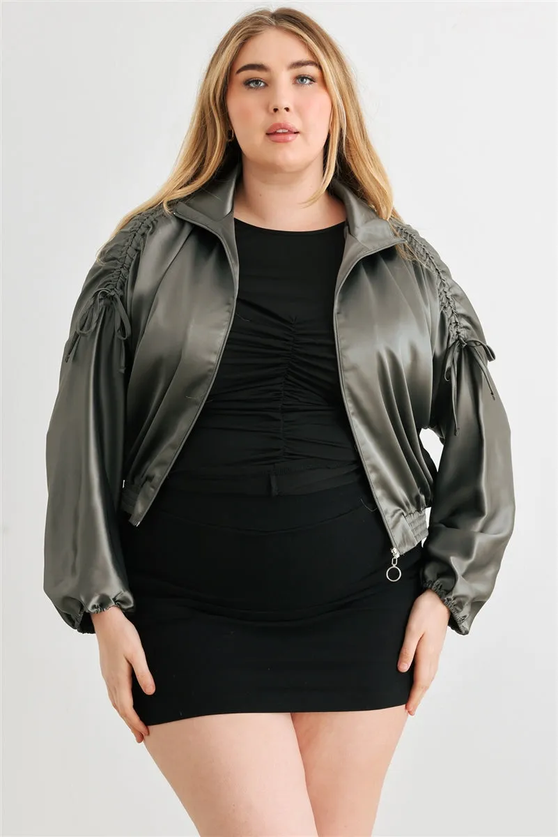 Voluptuous ( ) Plus Satin Zip-up Ruched Long Sleeve Cropped Bomber Jacket - 4 colors