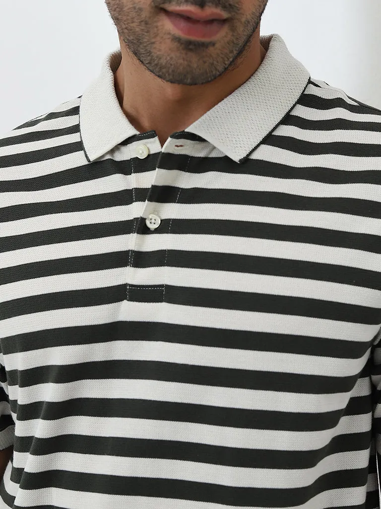 WES Casuals Olive Striped Slim-Fit Polo T-Shirt