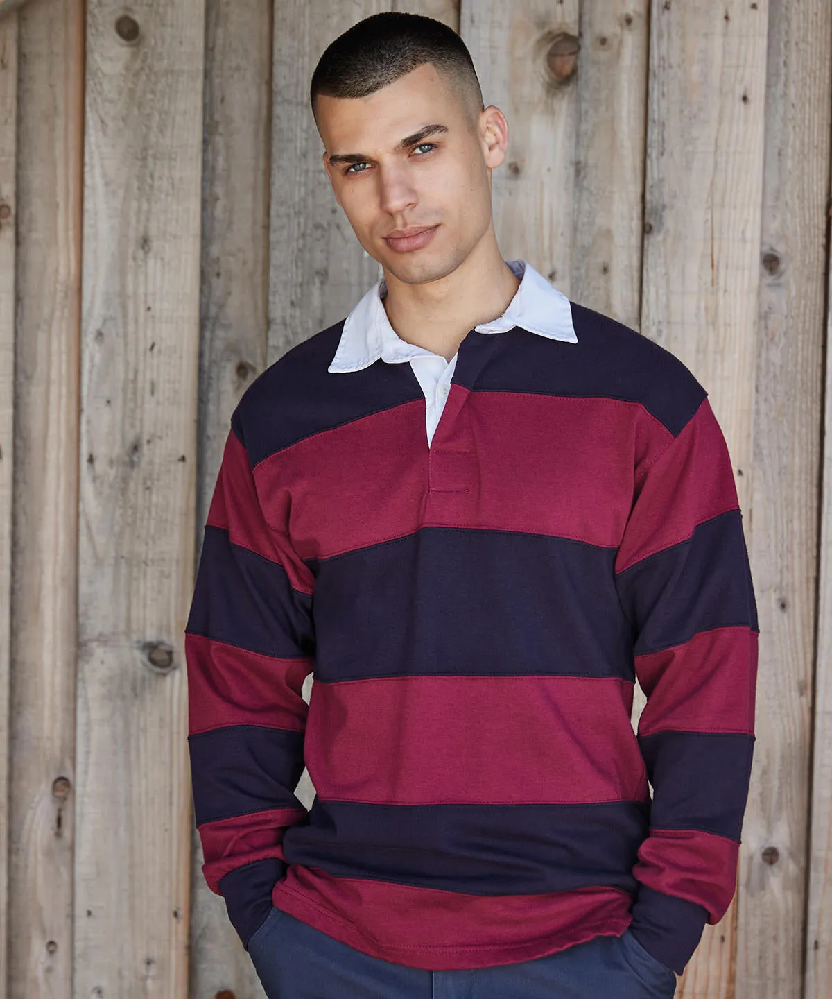 White & Navy (White collar) - Sewn stripe long sleeve rugby shirt