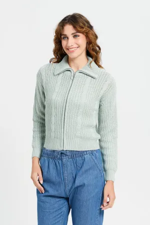 Women Blue Zip-Up Knit Cardigan