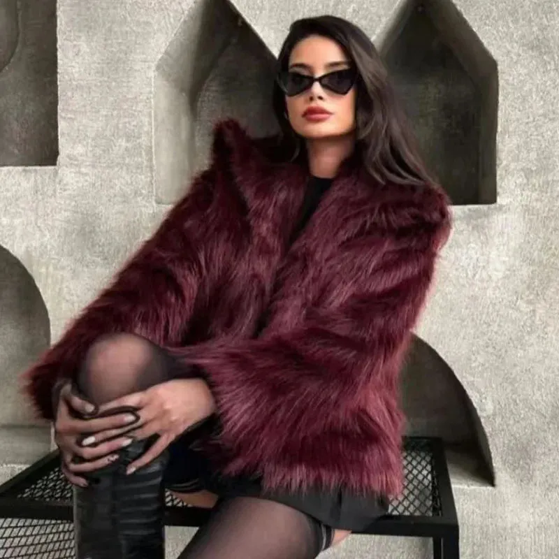 Women’s Burgundy Fur Coat |  Plush Crop Bomber Jacket for Winter | Long Sleeve Casual Outerwear - Warm Gift for Her