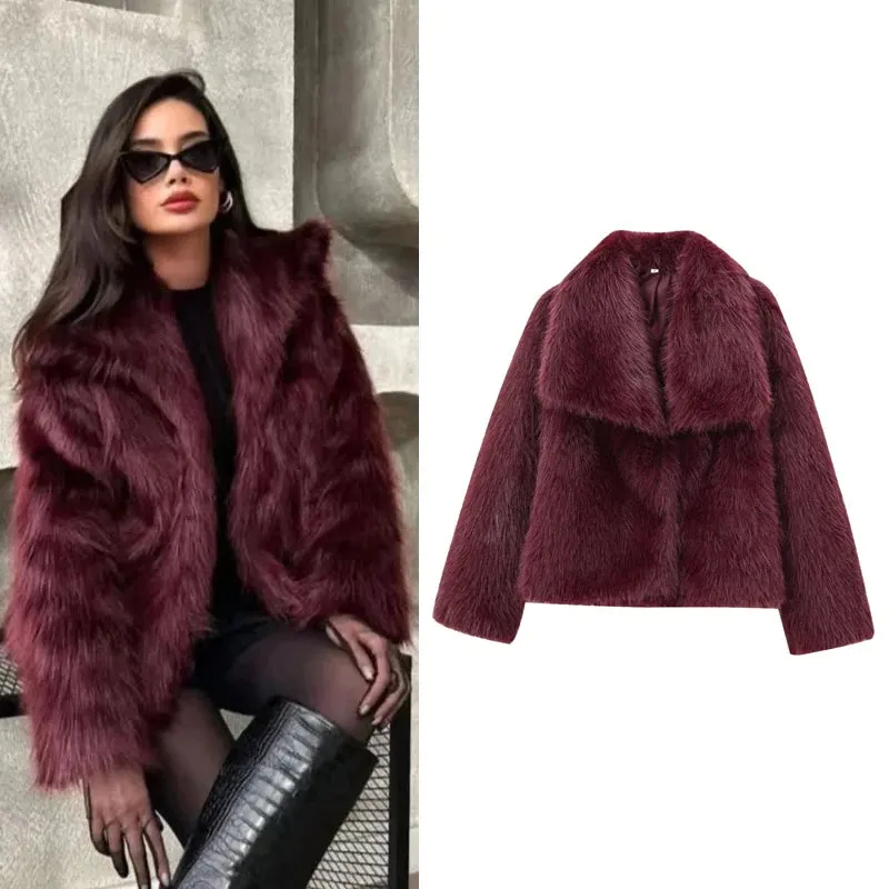 Women’s Burgundy Fur Coat |  Plush Crop Bomber Jacket for Winter | Long Sleeve Casual Outerwear - Warm Gift for Her