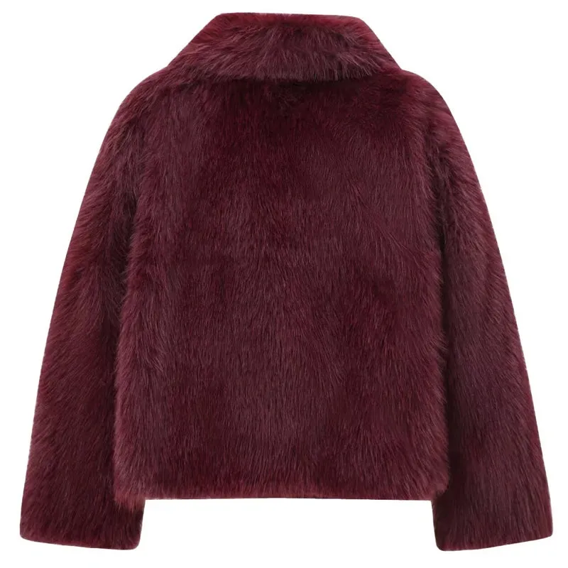 Women’s Burgundy Fur Coat |  Plush Crop Bomber Jacket for Winter | Long Sleeve Casual Outerwear - Warm Gift for Her