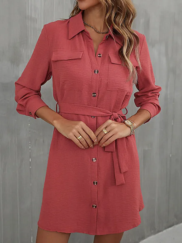 Women’s Collared Button Down Mini Dress With Waist Tie