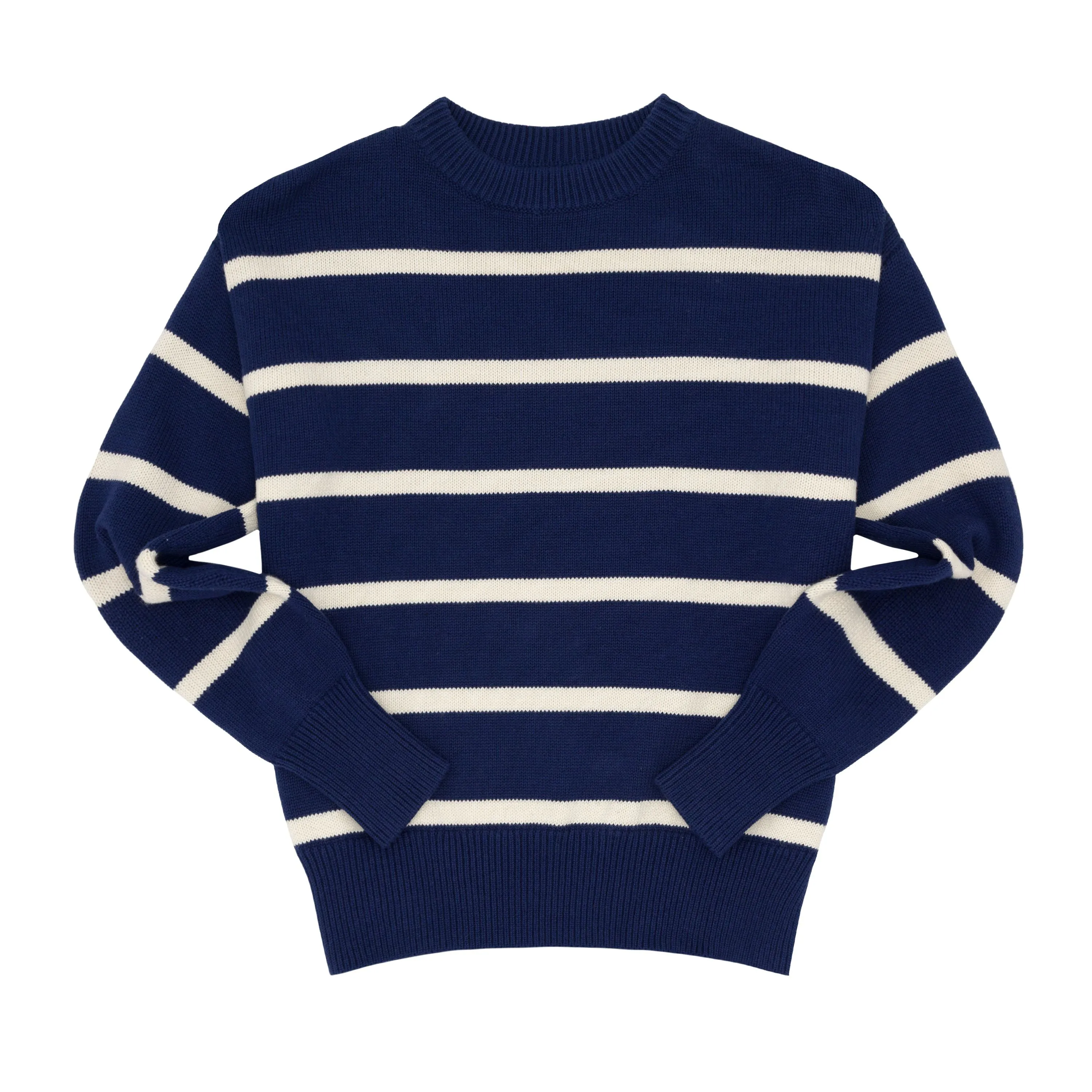 women's navy and cream wide stripe knit sweater