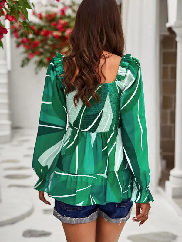 Women's Square Neck Temperament Casual Printed Long Sleeve Shirt Top