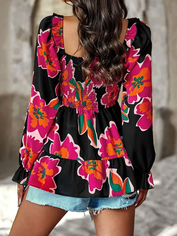 Women's Square Neck Temperament Casual Printed Long Sleeve Shirt Top